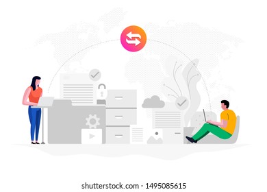 Flat design concept data transfer. Exchange information eith internet cloud technology. Vector illustrate.