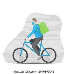 Flat design concept, a delivery man wearing face masks. Courier delivering by bicycle.