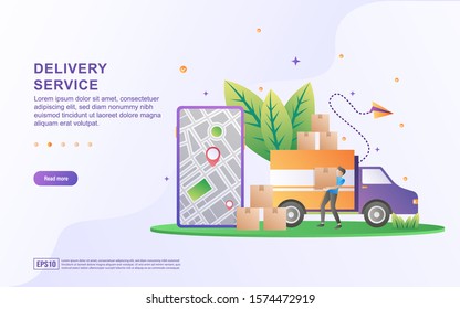 Flat design concept of Delivery Service. Couriers include package boxes in transportation, delivery services and fast delivery, free delivery service. Can use for web landing page, marketing material