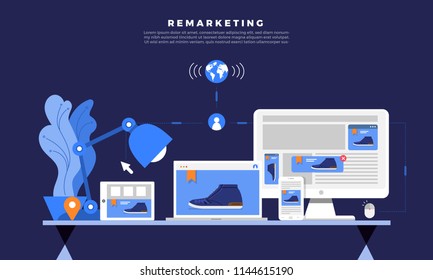 Flat design concept digital marketing retargeting or remarketing. online banner ad network. Vector illustrations.