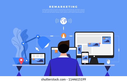 Flat Design Concept Digital Marketing Retargeting Or Remarketing. Online Banner Ad Network. Vector Illustrations.