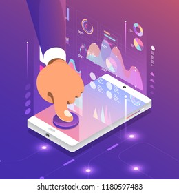 Flat design concept digital marketing analysis data information of customer with businessman and woman standing via computer. Vector illustrate.