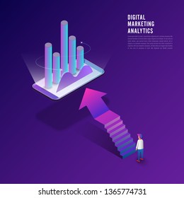 Flat design concept digital marketing analysis data information of customer with businessman and woman standing via computer. Vector illustrator.