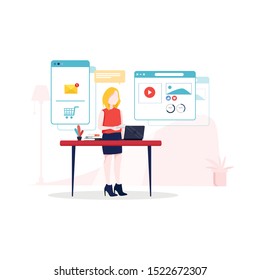 Flat design concept for digital marketing, social and email marketing by people digital business marketing working with visualize. 