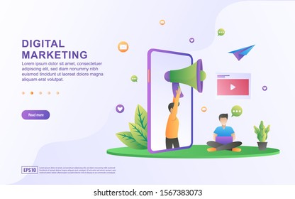 Flat design concept of Digital marketing. people advertise products on social media, share promotional video content. Can use for web landing page, marketing material, mobile app, web banner.