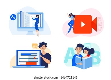 Flat design concept of distance education, video tutorials, e-learning and online class. Vector illustration for website banner, marketing material, presentation template, online advertising.