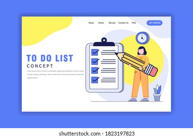 Flat Design Concept Of To Do List.Time Management, Planning and Strategy.Woman hold Big Pencil and Big Clip Board. Website, Landing Page