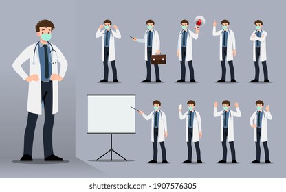 Flat design concept of the doctor with different poses such as explaining and presenting process gestures, actions and poses. Vector cartoon character design set. 