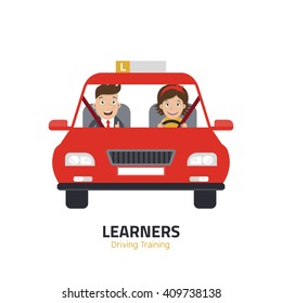Flat design concept of driving school with car, woman, instructor.
