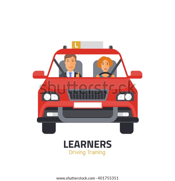 Flat design concept of driving school with\
car, woman, instructor.