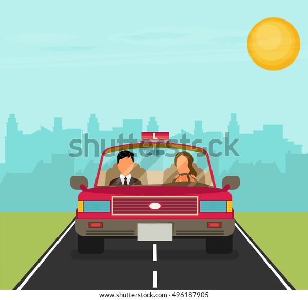 Flat design concept of driving school with
car, woman, instructor.