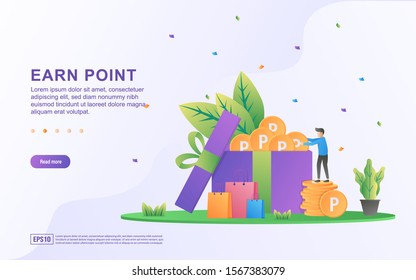 Flat design concept of Earn Point. People get points from online shopping, collecting points to exchange for shopping vouchers. Can use for web landing page, marketing material, mobile app, web banner