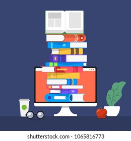 Flat design concept ebook. Education and learning on internet with a books on computer. Vector illustrate.