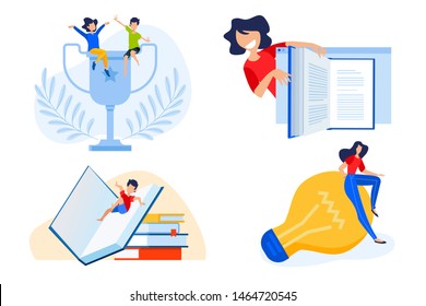 Flat design concept of e-book, education success, knowledge. Vector illustration for website banner, marketing material, presentation template, online advertising.