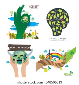 flat design concept for ecology, green, recycle and save the planet, think green, save the world