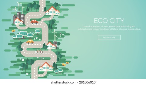 Flat Design Concept of Ecology. Landscape with Buildings, Electric Cars and Nature Elements, Solar Panels, Wind Turbines. Eco City Map for Earth Day. Vector Illustration