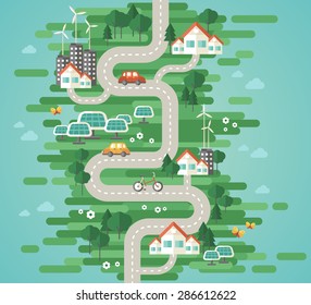 Flat Design Concept of Ecology. Landscape with Buildings, Electric Cars and Nature Elements, Solar Panels and Wind Turbines. Eco City Map for Earth Day. Vector Illustration.