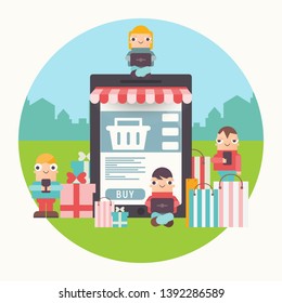 Flat Design Concept of E-commerce Online  - People who do Mobile Shopping in front of Huge Smartphone Outdoor. Vector Illustration for Web Page, Social Media and Landing Page. Retro Colors.
