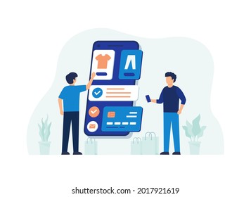Flat design concept of e-commerce, online shopping. Vector illustration for website banner, marketing material, business presentation, online advertising.