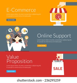 Flat design concept for e-commerce, online support and value proposition. Vector illustration for web banners and promotional materials