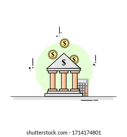 concepto de diseño plano economía con calculadora de construcción de banco de elementos y dinero