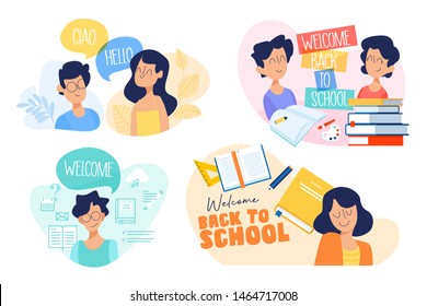 Flat design concept of education, back to school, language courses. Vector illustration for website banner, marketing material, presentation template, online advertising.