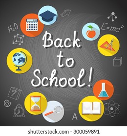 Flat design concept education banner with text Back to school, colorful icons on the round dies and hand drawn symbols - eps 10