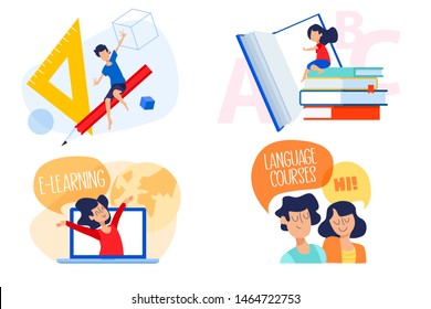 Flat design concept of education, e-learning, language school. Vector illustration for website banner, marketing material, presentation template, online advertising.