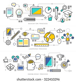Flat design concept education process like videro online digital marketing internet thing. Vector illustrate thin line style.