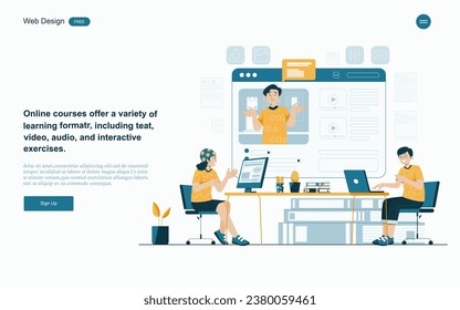 Educación conceptual de diseño plano para el sitio web y la plantilla de la página de inicio.Educación, formación y cursos en línea, Vector