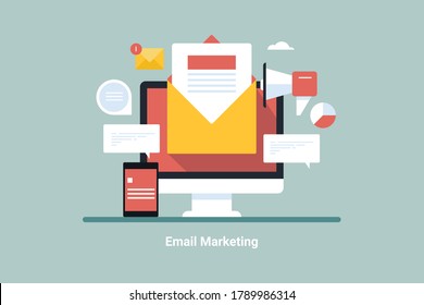 Flat design concept of Email marketing, Email Newsletter, Email advertising, Mobile marketing - conceptual vector illustration with icons