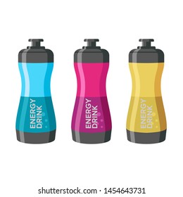 flat design concept for energy drink bottles for sports activities. Professional product design for model examples of sports bottle packaging in three color variations