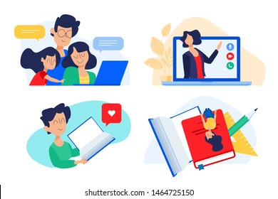 Flat Design Concept Of Family Education, Online Teaching, Learning. Vector Illustration For Website Banner, Marketing Material, Presentation Template, Online Advertising.