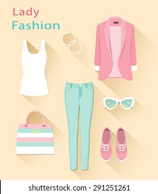 Flat design concept of fashion look. Woman clothing set. Trendy clothes objects 