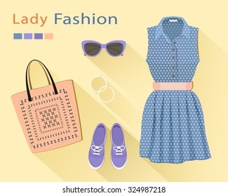 Flat design concept of fashion look: stylish dress, bag, shoes, sunglasses, earrings. Woman clothing set. Trendy clothes objects