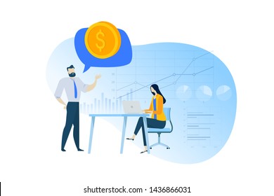 Flat design concept of financial analysis and planning. Vector illustration for website banner, marketing material, business presentation, online advertising.