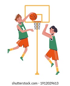 Flat design concept with funny kids playing ball. Boys sports basketball. Vector illustration of children