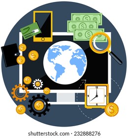 Flat design concept of global finance and economy with digital devices