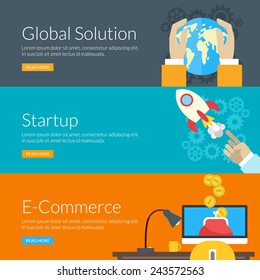 Flat design concept for global solution, startup and e-commerce. Vector illustration for web banners and promotional materials