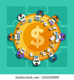 Flat design concept group of business staff working on desktop coin money. brainstorm business growth Vector illustrate