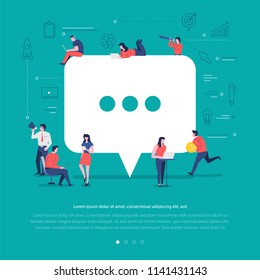 Flat design concept group of peoples work together building social network symbol comment. Vector illustrations.