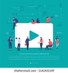 Flat design concept group of peoples work together building social network symbol video play. Vector illustrations.