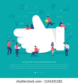 Flat design concept group of peoples work together building social network symbol like button. Vector illustrations.