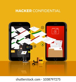 Concepto de diseño plano hacker actividad ciberladrón en dispositivo de Internet. Vector ilustrado.