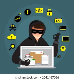 Flat design concept hacker activity cyber thief on internet device. Vector illustrate.
