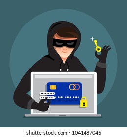 Flat design concept hacker activity cyber thief on internet device. Vector illustrate.
