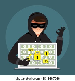 Flat design concept hacker activity cyber thief on internet device. Vector illustrate.
