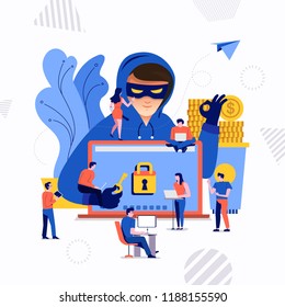 Flat Design Concept Hacker Activity Cyber Thief On Internet Device. Vector Illustrate.