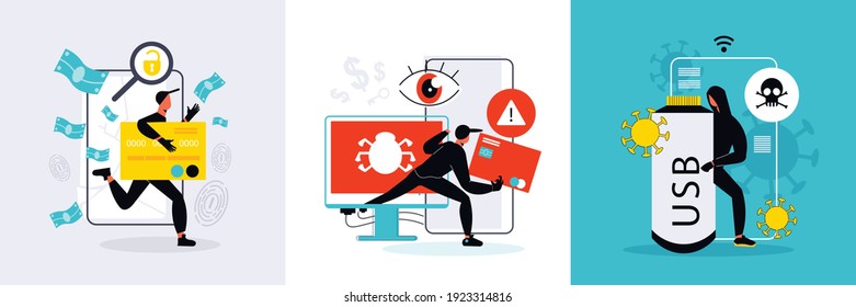 Flat design concept with hacker hacked computer usb credit card isolated vector illustration