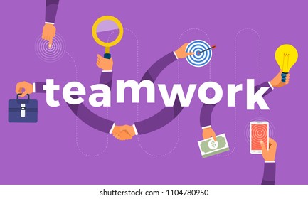 Flat design concept hand create symbol icon and words teamwork. Vector illustrations.